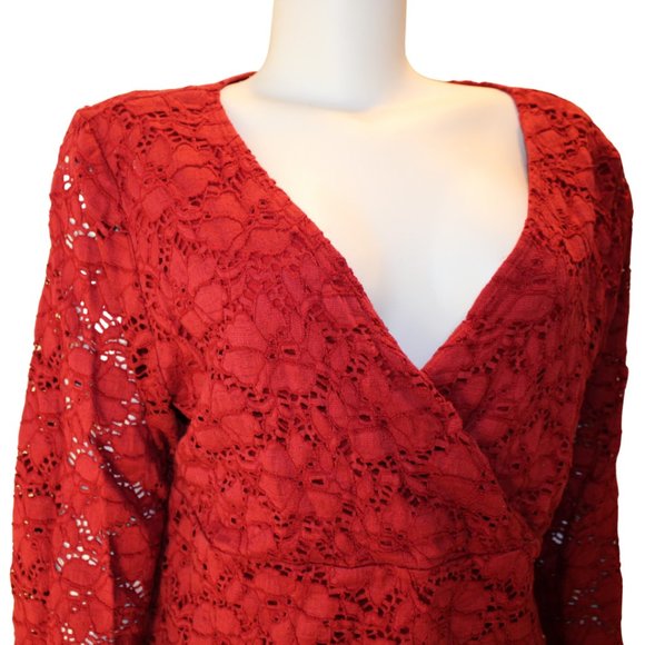 Burgundy Red 3/4 Sleeve Lace V Neck Shirt Blouse - Picture 4 of 6
